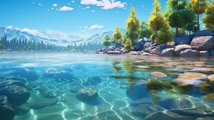 Obraz premium The crystal clear water of a mountain lake laps at the rocky shore, while in the distance snow-capped mountains tower over the scene.