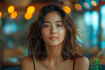 Fototapeta premium Portrait of a girl sitting in a café.