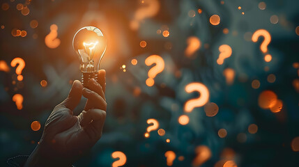 A hand holds a glowing light bulb against a dark background filled with floating question marks and bokeh lights.