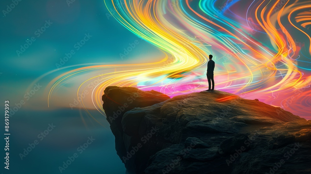 Poster Light abstract in fantasy space. Glowing universe concept in background. Magic art in surreal