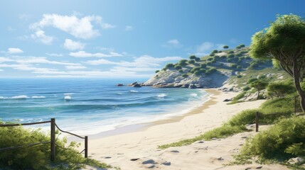 Fototapeta premium Amazing view of a beautiful beach with crystal clear water. White sand and green palm trees.