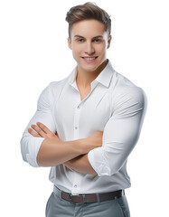 A portrait of a confident young man smiling at the camera with his arms folded. He exudes happiness and success, isolated on a white or transparent background in PNG format.