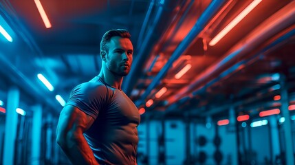 Naklejka premium Muscular Man in Neon Lit Gym