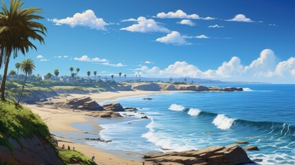 Beautiful summer landscape with a beach, palm trees, and a blue ocean. The perfect setting for a relaxing vacation or a fun day in the sun.