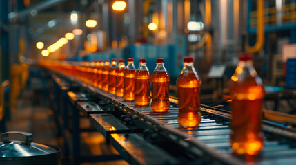 Beverage manufacturing on a conveyor belt at a factory