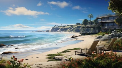 Fototapeta premium Amazing view of a beach house with a beautiful ocean view. The house is surrounded by palm trees and has a large balcony with a swimming pool.