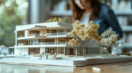 Architects crafting a modern house and eco-park paper model, office environment blurred.