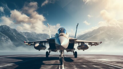 Fototapeta premium Close up view of american military aircraft launching from carrier deck under blue sky