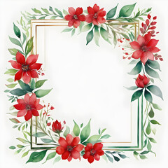 Watercolor floral geometric shape frame with red flowers and green leaves on white background. 