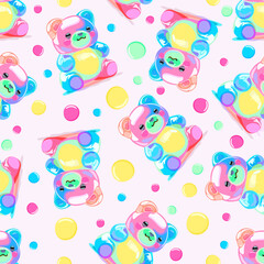 Vector seamless pattern with colorful gummy bears on light pink background