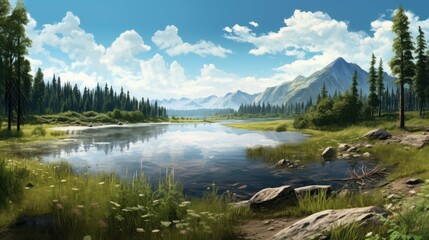 Obraz premium The image is of a beautiful landscape with a lake, mountains, and trees. The water is calm and clear, reflecting the sky above.