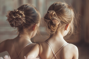 Generative AI picture of beautiful children preparing ballet dance school performance in stage ballroom gown