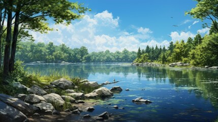 The image is of a beautiful summer day at the lake. The water is calm and clear, and the sky is blue with fluffy white clouds.