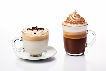 Two Coffee Latte with whipped cream on white background