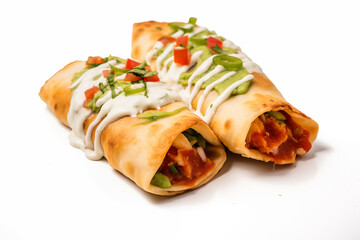 Two Double Chimichangas with white sauce on top isolated with white background