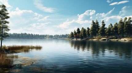 The image is of a beautiful lake in the summer. The water is calm and clear, and the sky is blue with a few white clouds.