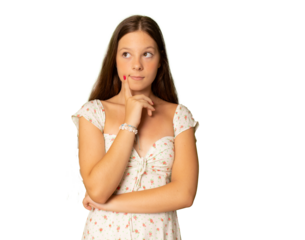 Pensive teenager girl in casual dress isolated over transparent background.