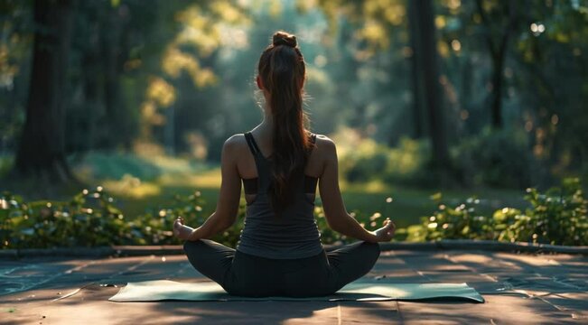 A woman practicing yoga outdoors, sitting cross-legged with her back to the camera. She wears a grey tank top and black leggings
