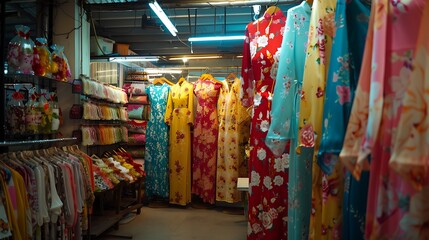 Fototapeta premium Colorful Dresses for Sale in a Vietnamese Market Stall