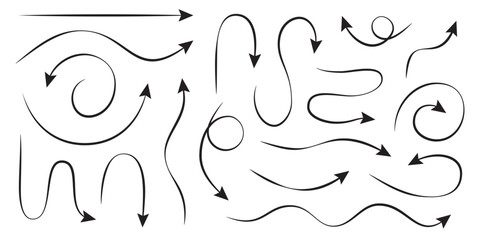 Thin arrows lines set. Black simple circle spiral swirl wavy signs isolated on white background. Trendy modern abstract vector illustration collection