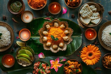 A traditional Indian meal served on a beautifully arranged thali, featuring a variety of colorful and flavorful dishes.