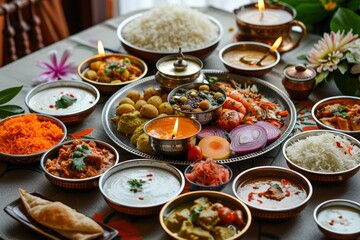 A traditional Indian meal served on a beautifully arranged thali, featuring a variety of colorful and flavorful dishes.