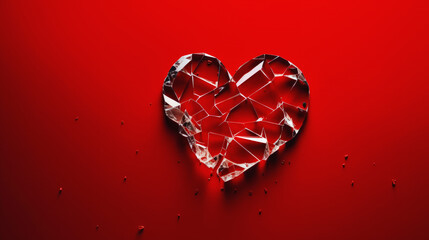 Glass broken heart. Shiny heart with cracks isolated on a red background. Relationship issues, heartbreak, lost love or betrayal concept. Valentine's Day theme.