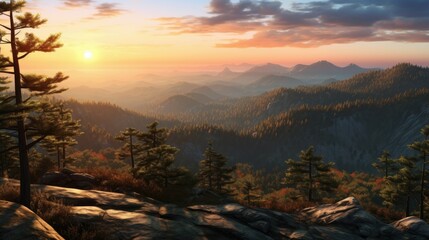 Obraz premium The rugged mountain landscape is bathed in the warm glow of the setting sun.