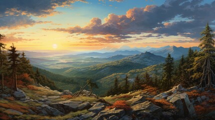 A beautiful landscape painting of a mountain range at sunset. The sky is a gradient of orange, yellow, and blue, with clouds dotting the sky.