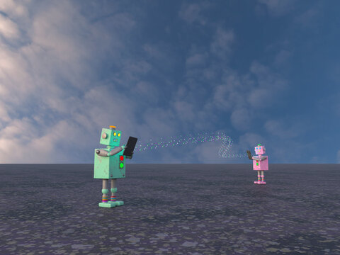 Robots communicating through tablet PCs under sky