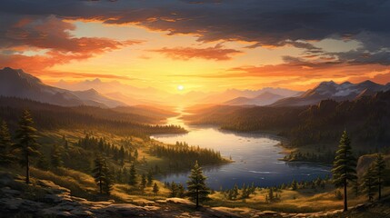Obraz premium The sun sets over a mountain range, casting a golden glow on the valley below.