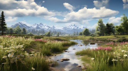 Fototapeta premium The image is of a beautiful landscape with a river running through it. The river is surrounded by green grass and flowers.