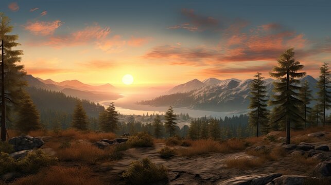 The sun sets over a mountain range, casting a warm glow on the landscape.