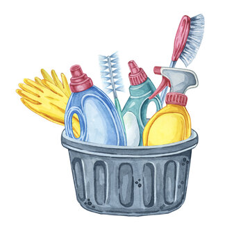 recommend clip art: A black basket holding cleaning tools like gloves, spray bottles, and brushes. Watercolor clipart for household cleaning blogs, product packaging design, service advertisements for cleaning businesses
