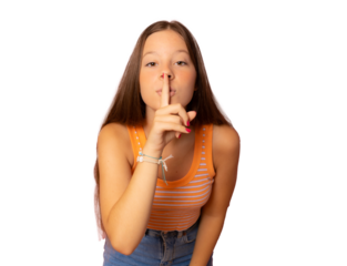 Image of cute pretty girl posing isolated over transparent background showing silence gesture.