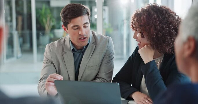 Discussion, laptop and boardroom for group, smile and research for trial, paralegal and online for justice. Communication, teamwork and people with knowledge for case, information and talking