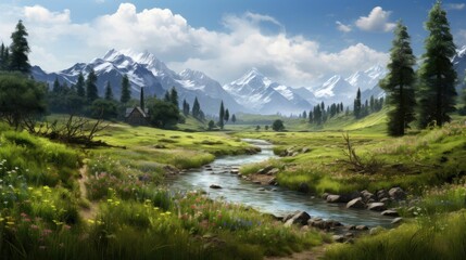 A beautiful landscape image of a mountain valley with a river running through it.