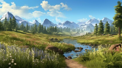 The image is of a beautiful landscape with snow-capped mountains, a river, and a meadow full of flowers. The sky is blue and there are some clouds.