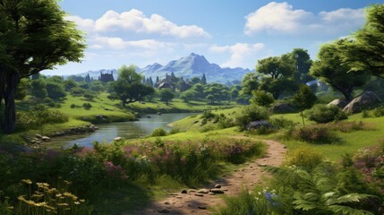 Obraz premium The lush green landscape is crossed by a river and overlooked by snow-capped mountains.