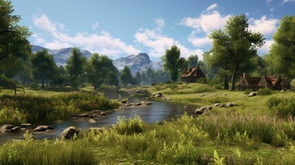 Obraz premium A beautiful landscape with a river running through it. There are trees and mountains in the background.