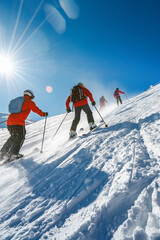Group of Skiers on Snowy Mountain Slope Under Bright Sunlight