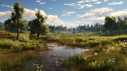 Obraz premium A beautiful landscape with a river running through it. The river is surrounded by green grass and flowers.