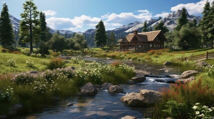 Obraz premium A beautiful landscape image of a cabin in the mountains.