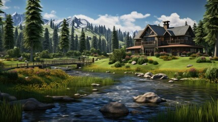 Obraz premium This is a beautiful landscape image of a house in the mountains.