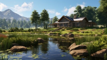 Fototapeta premium A beautiful lakeside cabin nestled in the mountains. The cabin is surrounded by lush trees and offers stunning views of the lake and mountains.