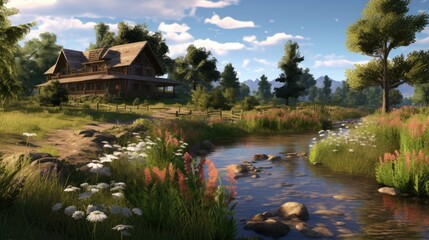 A beautiful landscape image of a log cabin in the mountains.
