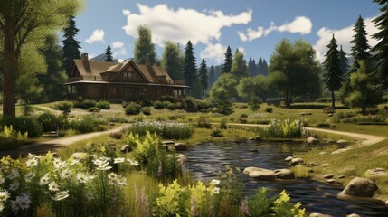 Obraz premium A beautiful landscape image of a house in the woods. The house is made of wood and has a large porch. The trees are tall and green.