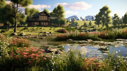 A beautiful landscape image of a house in the mountains. The house is surrounded by trees and flowers, and there is a river in front of it.