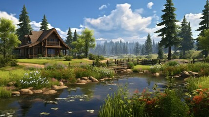 Fototapeta premium A beautiful landscape image of a cabin in the woods. The cabin is surrounded by trees and flowers, and there is a river running in front of it.