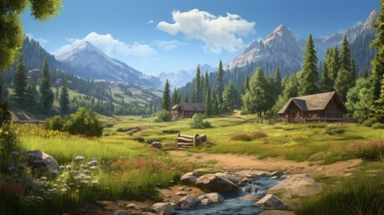 A beautiful landscape image of a mountain valley with a river running through it. There are several houses in the valley and trees on the mountains.